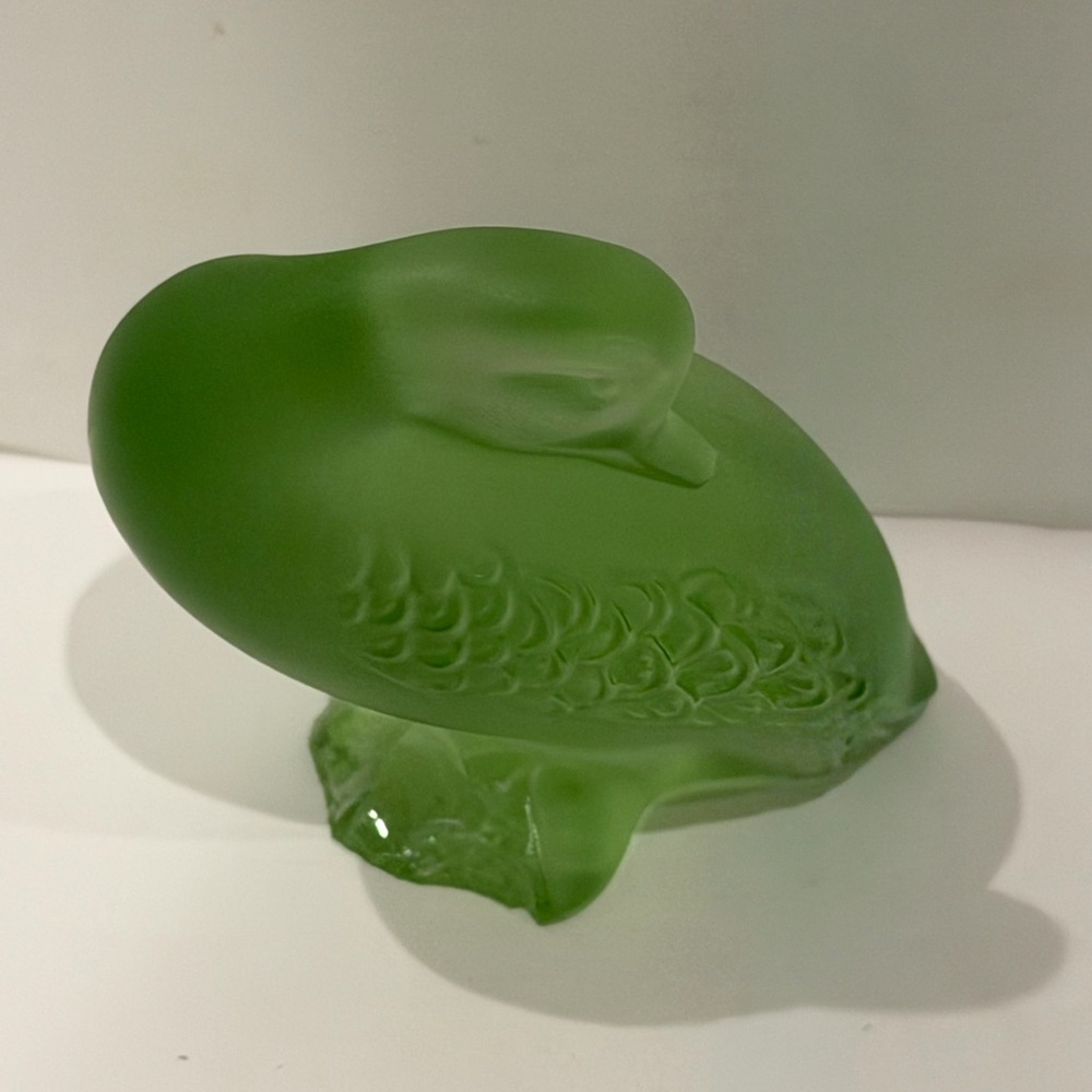 Lalique Green Frosted Crystal Sleeping Duck Figurine Signed France